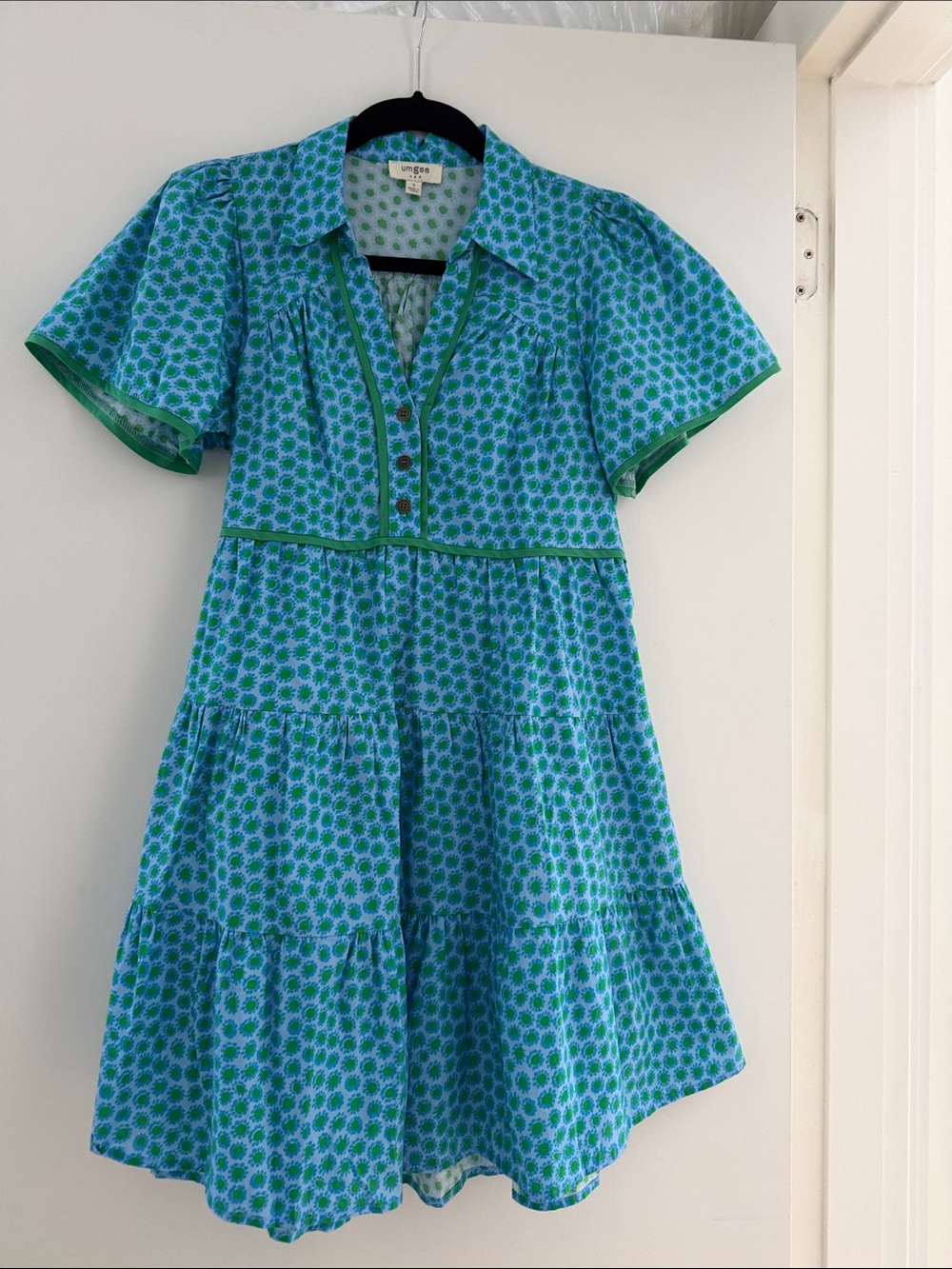 Umgee Blue-Green Floral Tiered Short-Sleeve Swing Dress